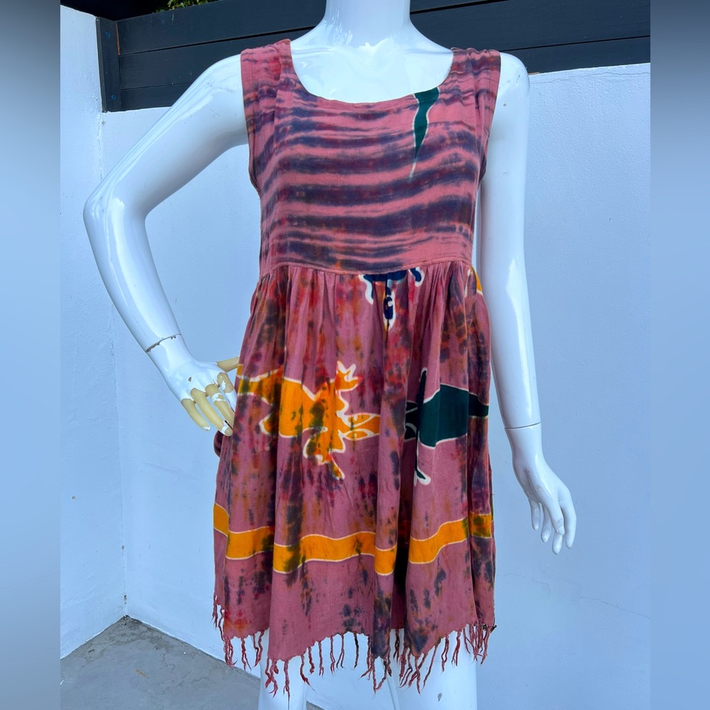 80s/90s Dark Coral Hawaiian Tie Dye Tassel Dress - Picture 4 of 10